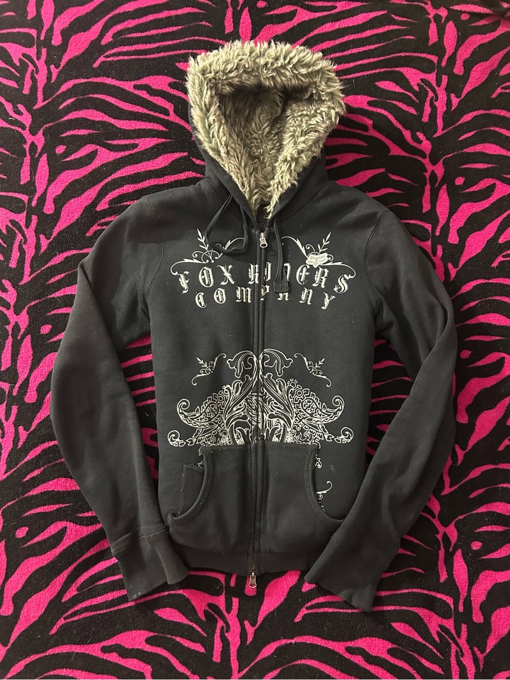 Y2k Vintage rare Fox Racing Faux Fur Zip up McBling Grunge